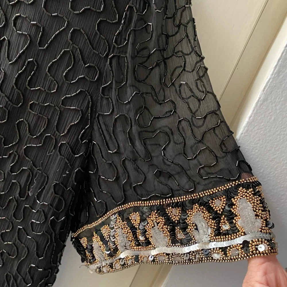 Vintage Beaded Cocktail Dress, 100% Black Silk, Beads & Sequins,by L Kazar,NY,2X - Picture 7 of 14